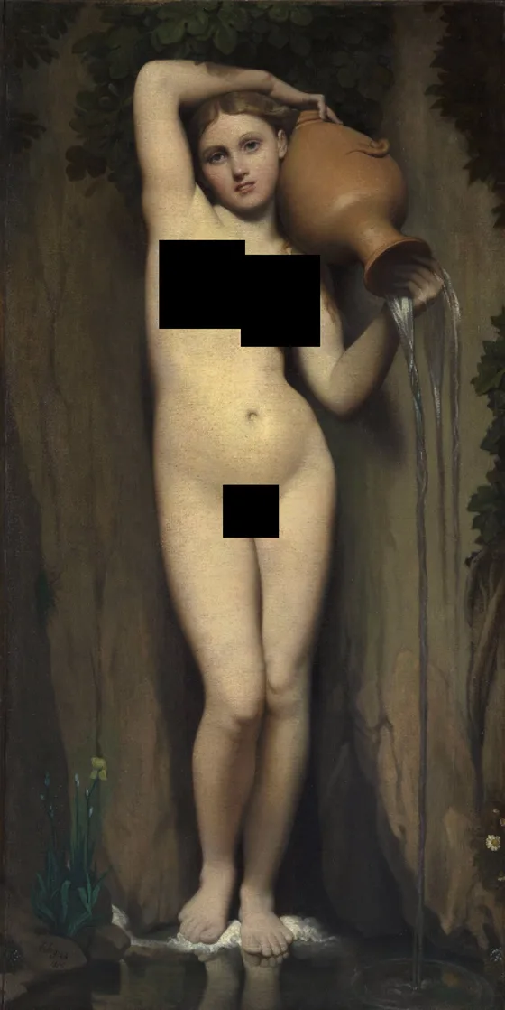 Ingres’ The Source with black boxes over the chest and crotch