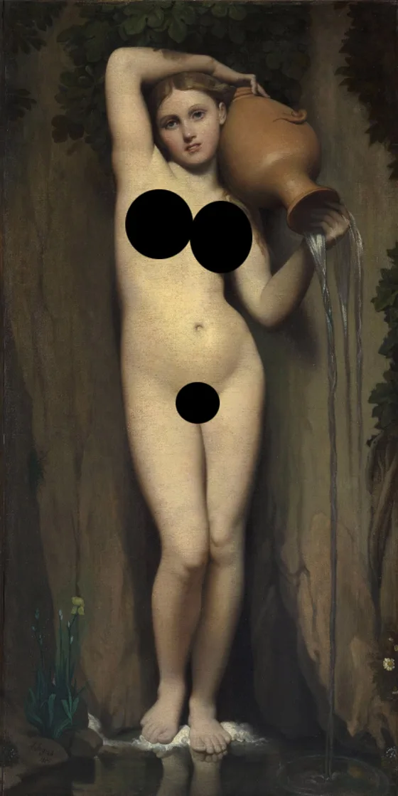 Ingres’ The Source with black ovals over the chest and crotch