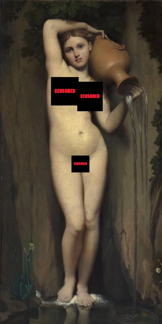 Ingres’ The Source with black boxes reading CENSORED over the chest and crotch