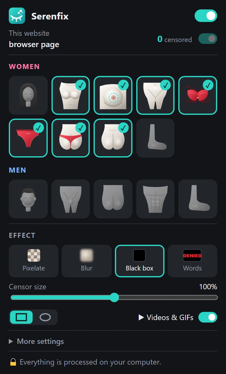 Serenfix panel with per-body-area filters, censor style and size